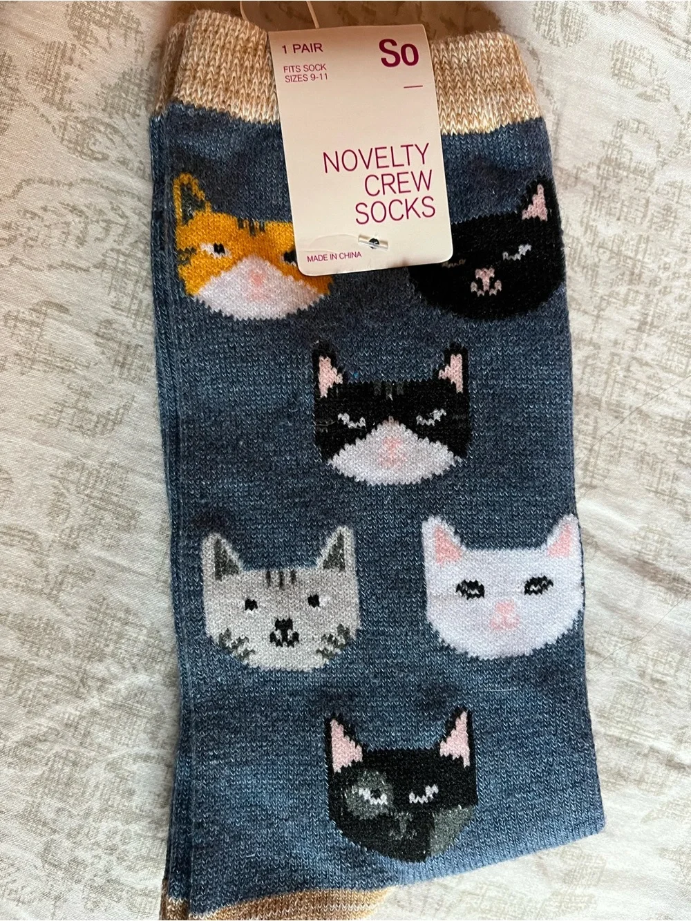 SO Novelty Crew Socks - Blue with Multicolor Cat Faces